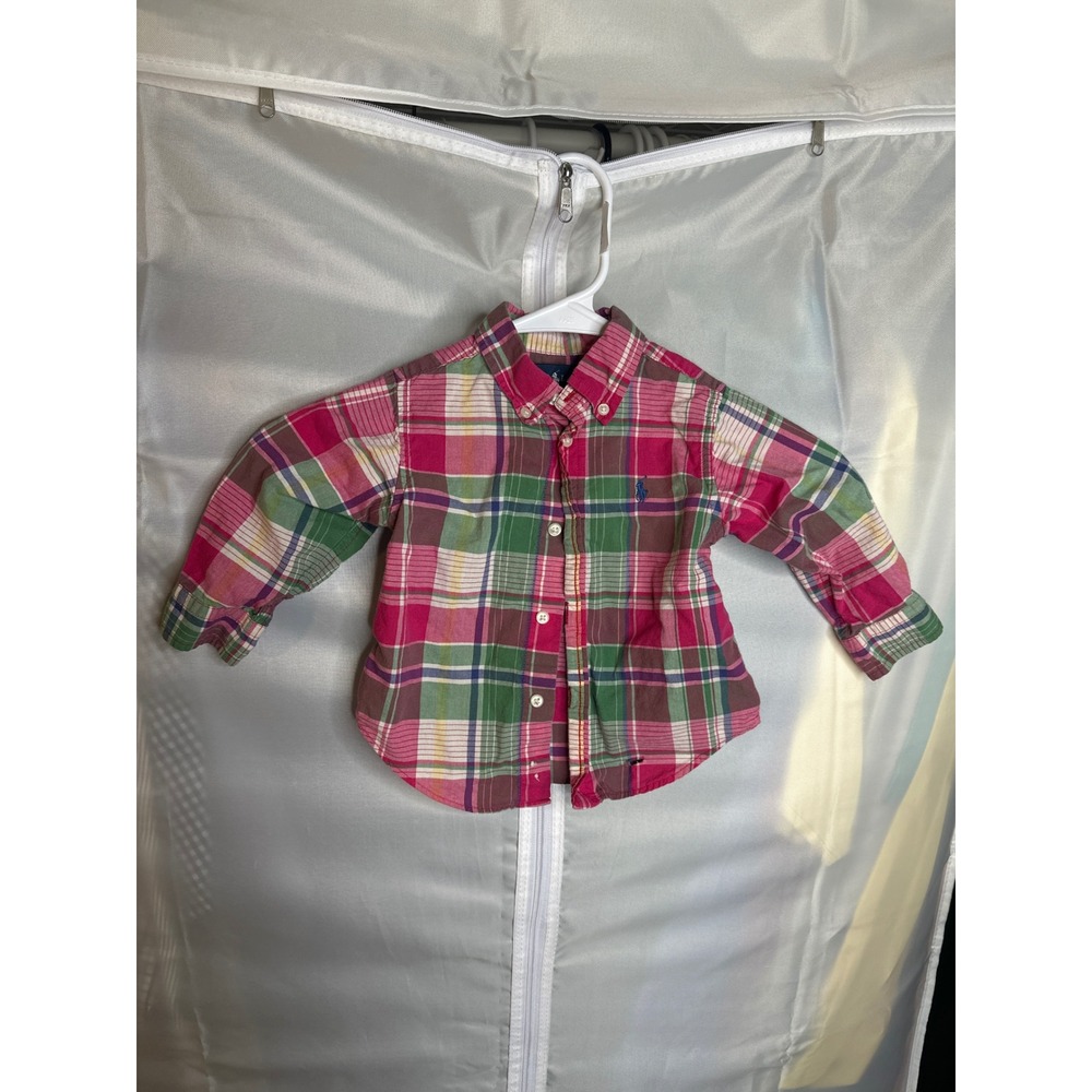 Polo Ralph Lauren 12M Pink Green Plaid Madras Button Down Cotton Shirt